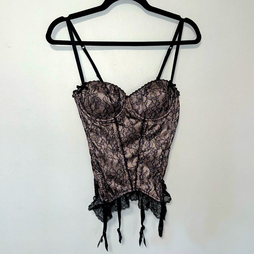 Y2K Victoria's Secret Pink Black Satin Frilly Lace
Corset Bustier Camisole 34C